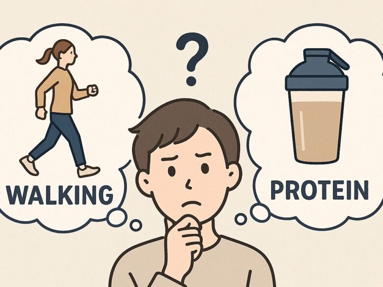 朝ウォーキングが先か、プロテインが先か悩む人